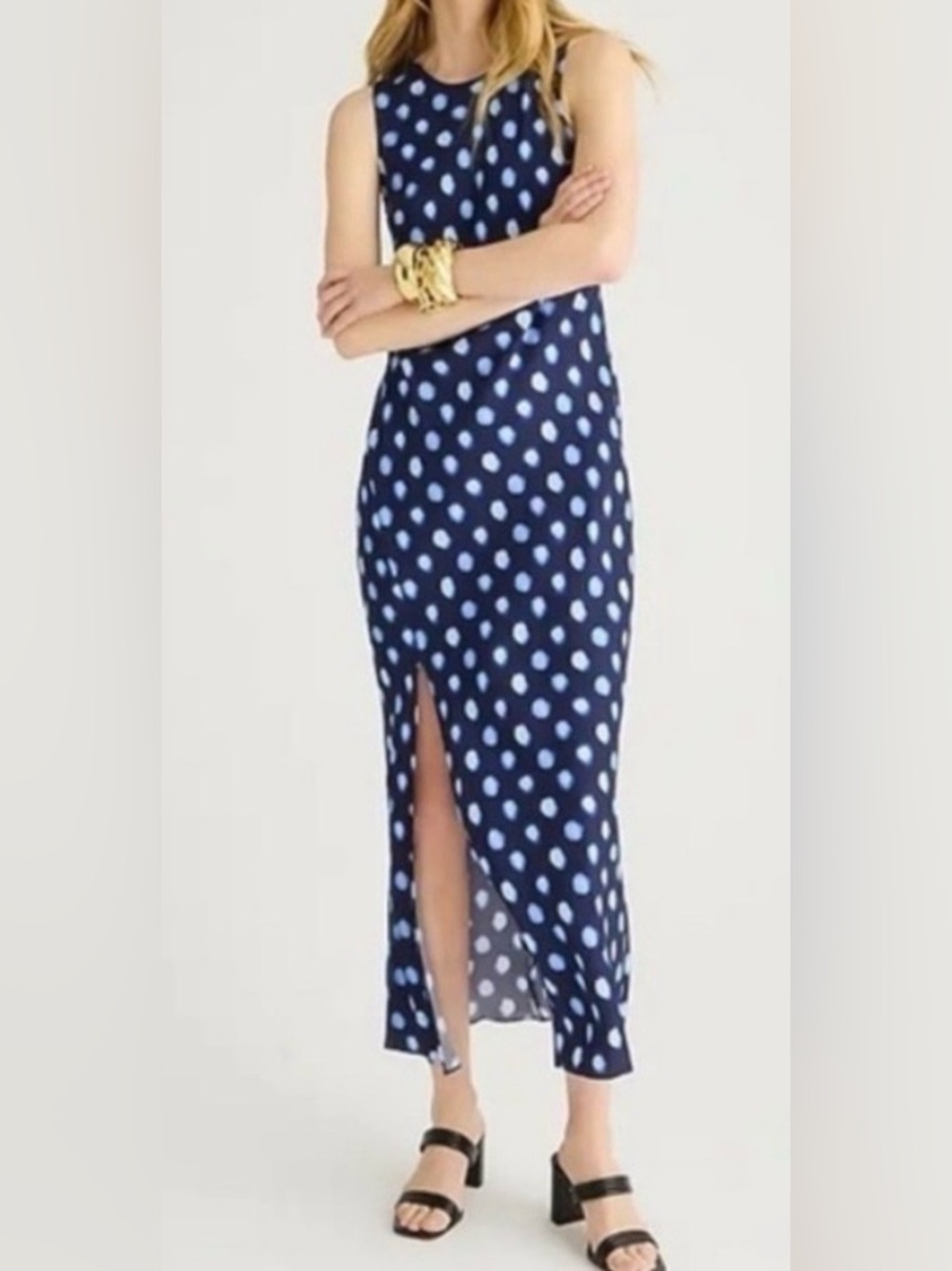 J. Crew High-neck Midi Dress in Blue Polka Dot Drapey Cupro Size 10